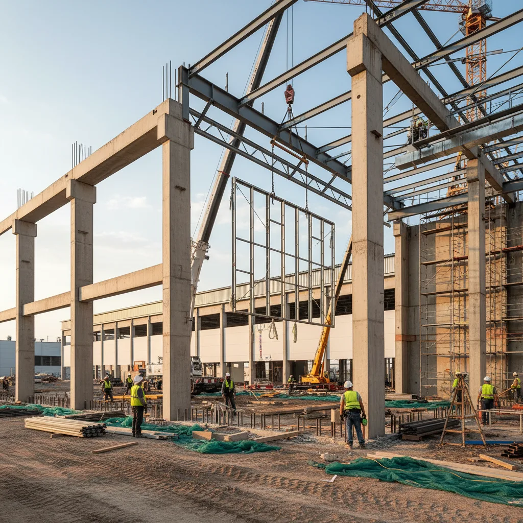 A modern industrial construction site with advanced engineering equipment